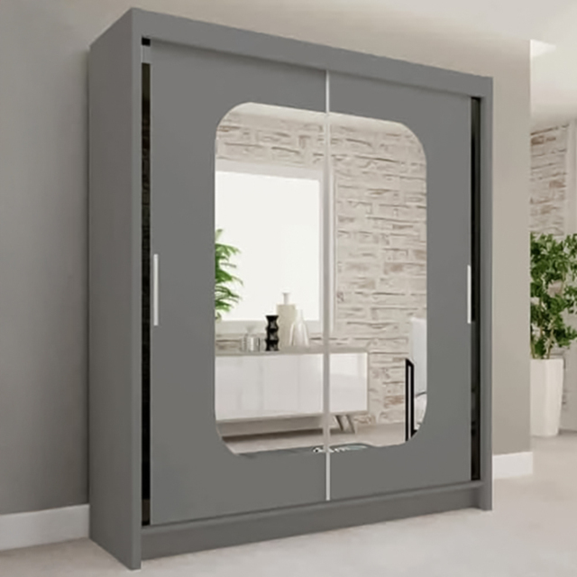 Sliding Wardrobes 4U Marika Grey 2 Door Mirror Wardrobe with Shelves and Hanging Rails - image 1