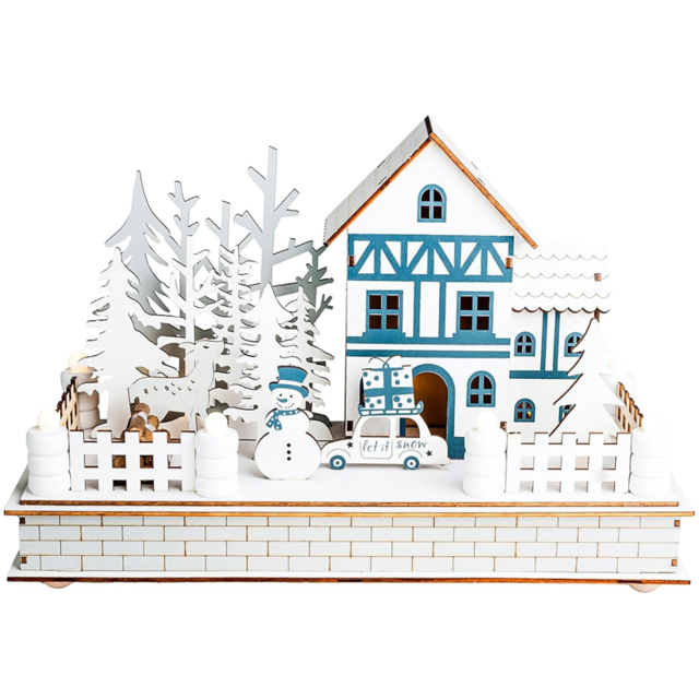 Marco Paul Wooden White Village Scene LED Light Up Christmas Decoration 31cm - image 1