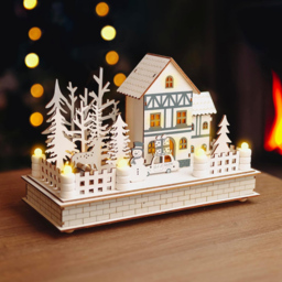 Marco Paul Wooden White Village Scene LED Light Up Christmas Decoration 31cm - thumbnail 3