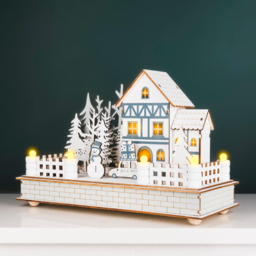 Marco Paul Wooden White Village Scene LED Light Up Christmas Decoration 31cm - thumbnail 2