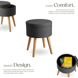 tectake Yara Dark Grey Linen Look Padded Round Footstool with Storage - thumbnail 3