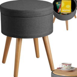 tectake Yara Dark Grey Linen Look Padded Round Footstool with Storage - thumbnail 2