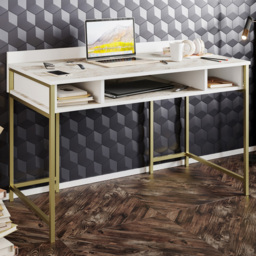 Decorotika Tümata White Marble and Gold Open Shelf Study Table