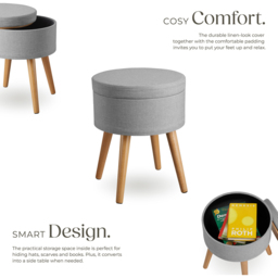tectake Yara Padded Round Light Grey Linen Look Stool with Storage - thumbnail 3