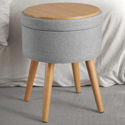 tectake Yara Padded Round Light Grey Linen Look Stool with Storage - thumbnail 1