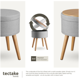 tectake Yara Padded Round Light Grey Linen Look Stool with Storage - thumbnail 4