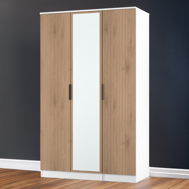 Crowndale Java Slatt Effect and White 3 Door Mirror Wardrobe - image 1