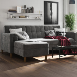 Dorel Hartford 3 Seater Grey Chenille Storage Sectional Sofa Bed with Chaise - thumbnail 1