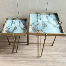 Acacia Home Art Deco Water Blue Gold Marble Effect Lift Top Square Side Table Set of 2