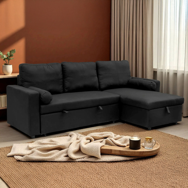 Indoor Living Manhattan Black 3 Seater Corner Sofa Bed - image 1