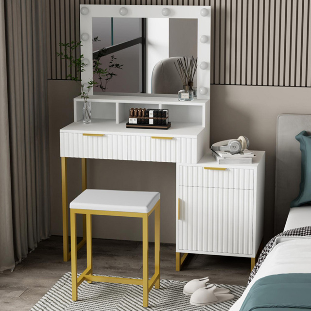 Kosy Koala Zoey Single Door 3 Drawer White and Gold Dressing Table Set with LED Mirror - image 1