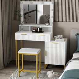 Kosy Koala Zoey Single Door 3 Drawer White and Gold Dressing Table Set with LED Mirror