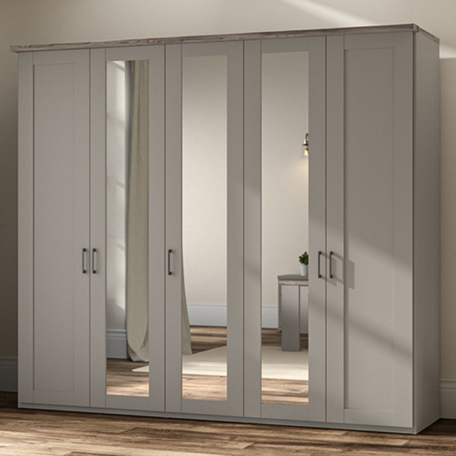 Homebase Truro Grey 5 Door Mirrored Hinged Wardrobe with Slate Handles - image 1