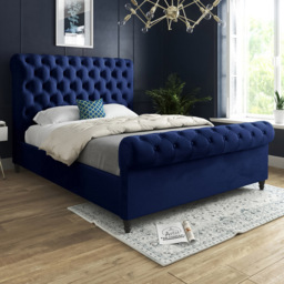 Sienna Super King Size Blue Soft Velvet Upholstered Sleigh Bed Frame with Scrolled Headboard