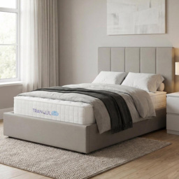 FWStyle Hoscar Beige Small Double Upholstered Lift-Up Ottoman Bed Frame with Ribbed Headboard