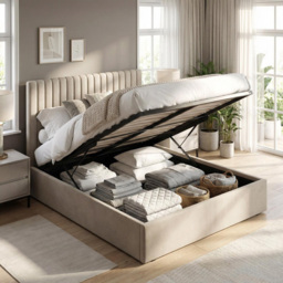 FWStyle Sollom Beige Sand King Size Upholstered Lift-Up Ottoman Bed Frame with Ribbed Headboard - thumbnail 3
