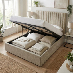 FWStyle Sollom Beige Sand King Size Upholstered Lift-Up Ottoman Bed Frame with Ribbed Headboard - thumbnail 2