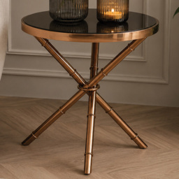 Premier Housewares Alvaro Black Glass Top Round Side Table with Rose Gold Legs - thumbnail 1