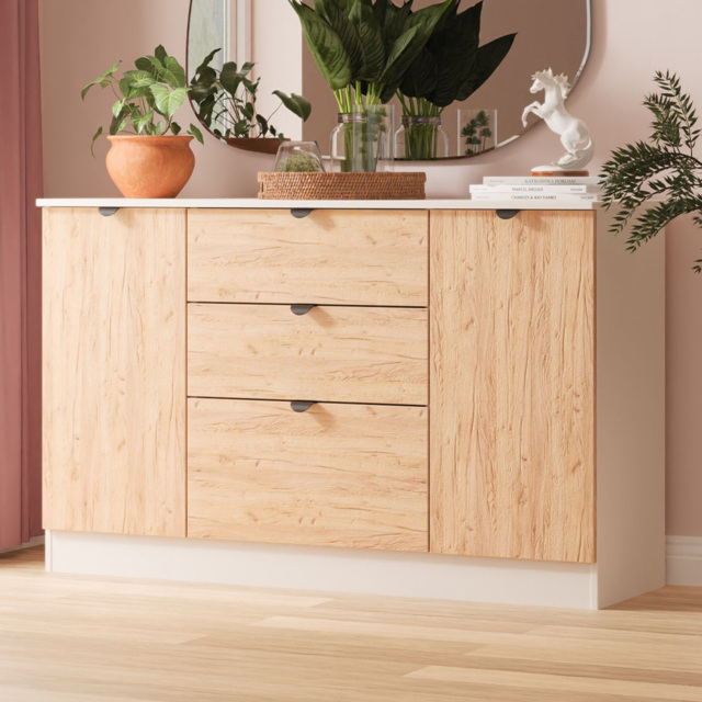 Crowndale Bora 2 Door 3 Drawer Gold Craft Oak and Kashmir Wide Sideboard Ready Assembled - image 1