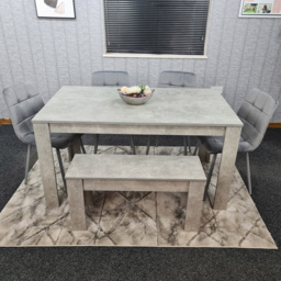 Portland Velvet 6 Seater Dining Set with Bench Stone Grey and Grey - thumbnail 1