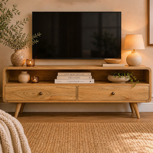 Artisan Furniture Oak 2 Drawer Single Shelf Mango Wood Curved Media Unit - image 1
