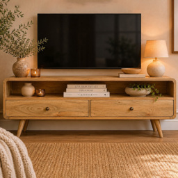 Artisan Furniture Oak 2 Drawer Single Shelf Mango Wood Curved Media Unit