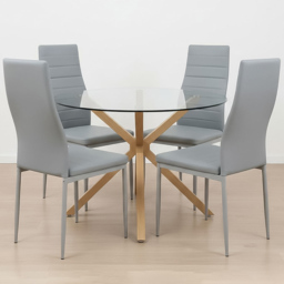Portland Grey Faux Leather Glass Tabletop Round 4 Seater Dining Set