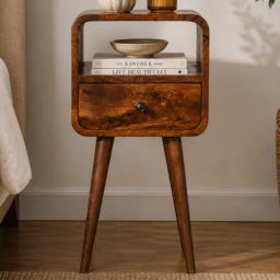 Artisan Furniture Mini Chestnut Single Drawer Single Shelf Mango Wood Curved Open Bedside Table - thumbnail 1