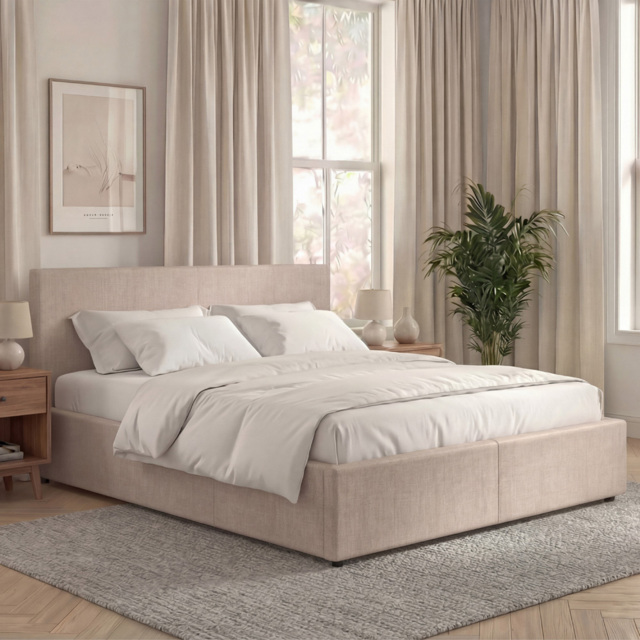 VIDA DESIGNS Veronica Beige Linen King Size Ottoman Bed with Padded Headboard - image 1