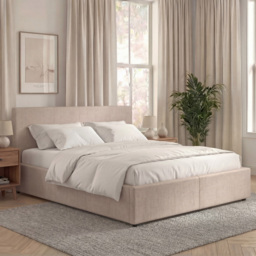 VIDA DESIGNS Veronica Beige Linen King Size Ottoman Bed with Padded Headboard - thumbnail 1