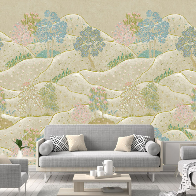 Grandeco Sage Green Whimsy Neutral Landscape Scene 3 Panel Wall Mural - image 1