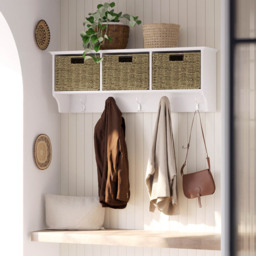 Homebase White Bevelled Coat Shelf with 3 Woven Baskets and 5 Double Hooks - thumbnail 2