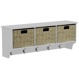 Homebase White Bevelled Coat Shelf with 3 Woven Baskets and 5 Double Hooks