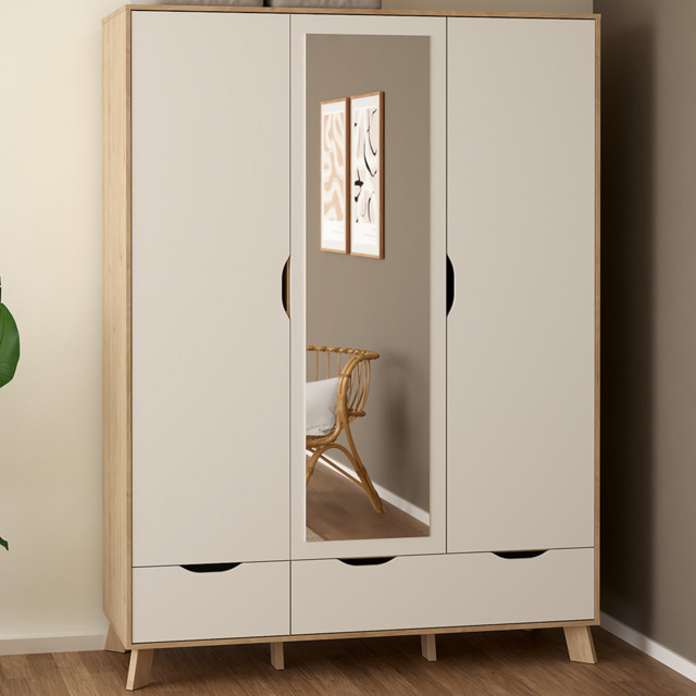Furniture To Go Ikast 3 Door 2 Drawer White and Brown Mirror Wardrobe - image 1