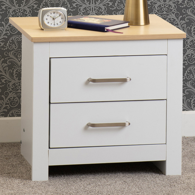 Seconique Portland 2 Drawer White and Oak Effect Bedside Table - image 1