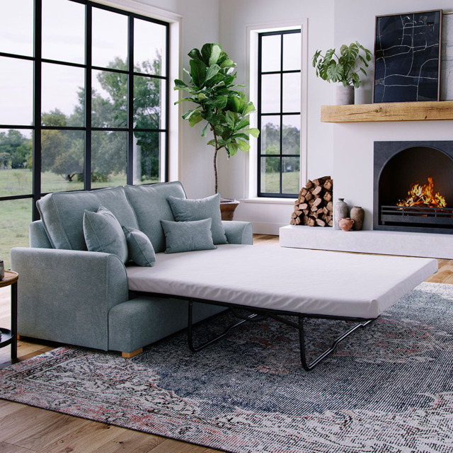 Alba City 2 Seater Fine Blue Fabric Sofa Bed - image 1