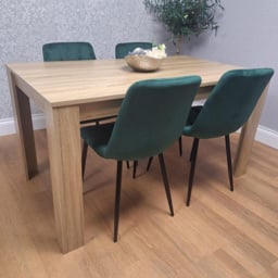 Portland 4 Seater Square Velvet Dining Set Oak Effect and Green