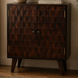 Artisan Furniture Mini Walnut 2 Door Pineapple Carved Mango Wood Cabinet