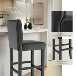 tectake Black Leather Padded Bar Stool Set of 2 - thumbnail 4