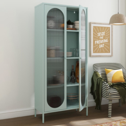 Dorel Luna 2 Door Tall Sky Blue Fluted Glass Accent Cabinet