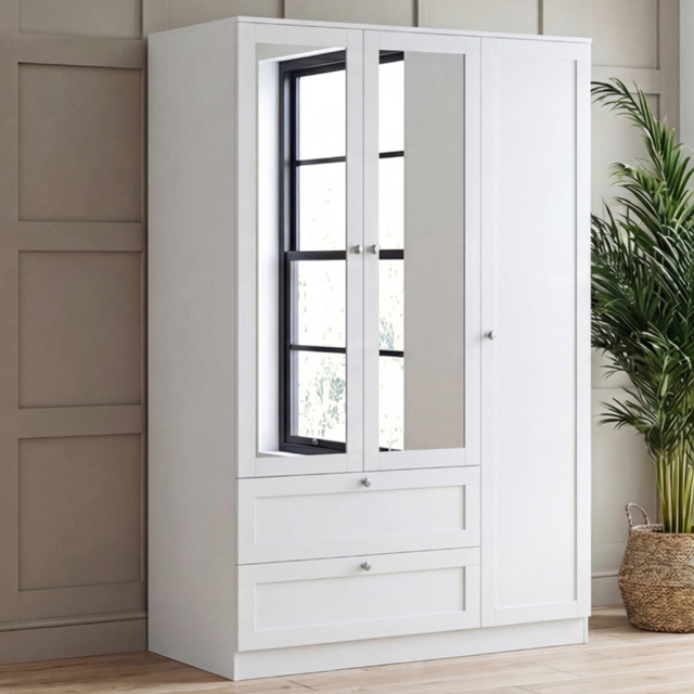 Vida Designs Altino White 3 Door 2 Drawer Shaker-Style Mirrored Wardrobe - image 1