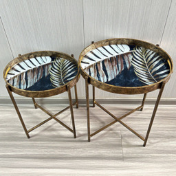 Acacia Home Art Deco Leaf Black Gold and Silver Lift Top Oval Side Table Set of 2
