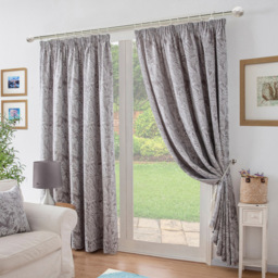 Alan Symonds Chenille Jacquard Lined Pencil Pleat Taped Top Curtains Silver 229 x 183cm - thumbnail 1