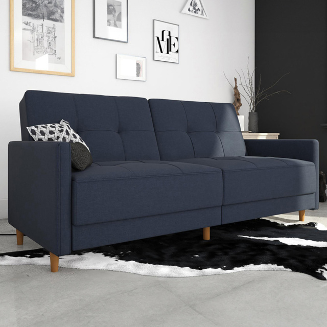 Dorel Andora 3 Seater Linen Navy Blue Sprung Sofa Bed with Wooden Legs - image 1