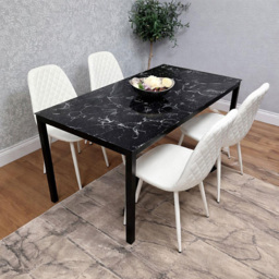 Portland Black and White Gem Pattern Faux Leather Marble Effect Tabletop 4 Seater Dining Set - thumbnail 4