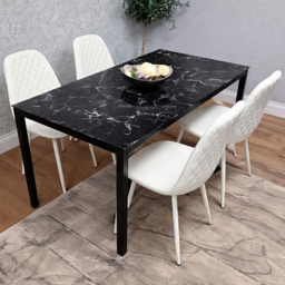 Portland Black and White Gem Pattern Faux Leather Marble Effect Tabletop 4 Seater Dining Set
