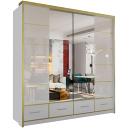 M N Furniture Silora 2 Door 4 Drawer White and Gold High Gloss Mirrored Sliding Wardrobe 203cm - thumbnail 2
