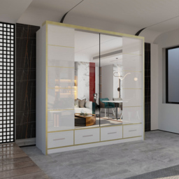 M N Furniture Silora 2 Door 4 Drawer White and Gold High Gloss Mirrored Sliding Wardrobe 203cm - thumbnail 4