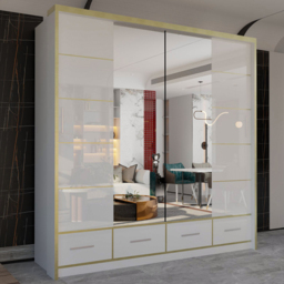 M N Furniture Silora 2 Door 4 Drawer White and Gold High Gloss Mirrored Sliding Wardrobe 203cm