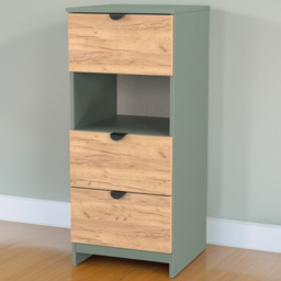 Crowndale Bora Gold Oak and Reed Green 3 Drawer Single Shelf Bedside Table